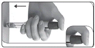 Hand holding a syringe, inserting the needle into the skin, with an arrow indicating backward movement, and a close-up of fingers holding the device