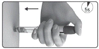 Hand holding a syringe, inserting the needle into the skin at an angle, with an arrow indicating motion and a circle marking '5 seconds'
