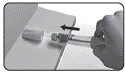 Hand holding a syringe, inserting the needle into muscle tissue at a 45-degree angle, with an arrow indicating the direction of injection