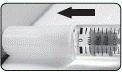 Black arrow pointing to a white device with a digital display and buttons, resembling a medical measuring instrument
