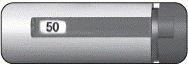 Cylindrical dosing device with the number '50' in the window indicating the number of medication units, with a silver-gray body and black ring at the end