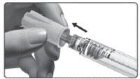 Hand removing the protective cap from the pen injector needle, preparing it for injection