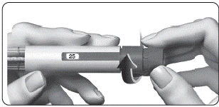 Hands holding a pen injector displaying dose '25', rotating the dial ring to set the medication dose
