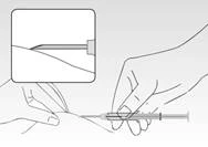 A hand holding a syringe inserting the needle at an angle into the skin, with a close-up view showing precise needle insertion into tissue