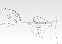 A hand holding a syringe at a 45-degree angle, inserting the needle into the skin