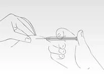 A hand holding a syringe at a 45-degree angle, inserting the needle into the skin