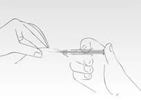 A hand holding a syringe, another hand pulling the needle cap off the syringe, demonstrating preparation for injection