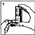 Una mano sostiene el frasco del medicamento, la otra mano abre la tapa, una flecha indica la dirección de apertura para prepararlo para su uso