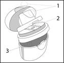 An open container with three labeled parts: a cap with internal mechanism, an intermediate component, and the main chamber for storing medication
