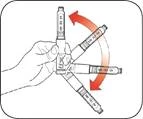 Hand holding a pen injector, rotating its tip clockwise to set the medication dose