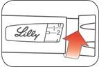Lilly pen injector with dose scale and red directional arrow indicating the dose administration mechanism