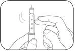 Hand holding a pen injector, the other hand rotating a ring to set the dose, with a rotation arrow shown around the ring