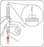 Hand holding a syringe, an upward-pointing indicator shows the direction for air removal from the syringe, with an inset showing air expulsion from the needle