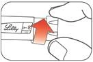 Hand holding a pen injector labeled 'Lilly', red arrow pointing to the direction of plunger press for medication administration