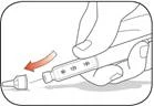Hand holding a syringe, unscrewing the needle cap, with an arrow indicating the rotation direction for removal