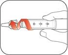 Hand holding a syringe with a red band wrapped around it, showing visible markings