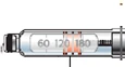 Syringe with transparent chamber containing liquid, marked with 60, 120, 180, and a red indicator at the 120-unit level