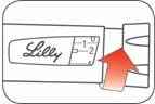 Ручной шприц с надписью Lilly, красная стрелка указывает на механизм дозирования с отметками 1 и 2 для установки дозы препарата