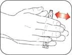 Manos sujetando un frasco de medicamento, una mano girando la tapa y la otra sosteniendo el frasco, flechas rojas indican la dirección del giro