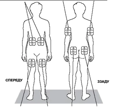 Esquema del cuerpo humano de frente y de espalda con las zonas indicadas para la inyección