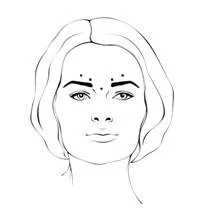 Female face with markings on the forehead and eyebrows indicating areas for application of the drug to treat skin problems
