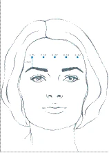 Female face with markings on the forehead indicating application points for the drug, with clearly drawn eyebrows and eyes