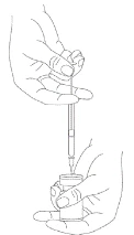 Hand holding a syringe inserting the needle into a vial of solution, while the other hand holds the vial to draw up the medication