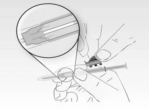 A hand holds a syringe inserting the needle into the skin; an enlarged view shows detailed needle and plunger for precise administration of medication