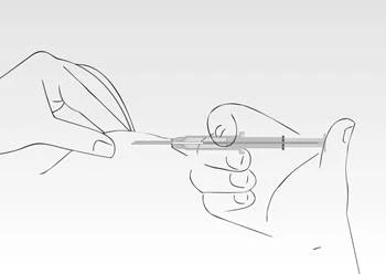 A hand holds a syringe while another hand removes the needle cap, preparing for injection