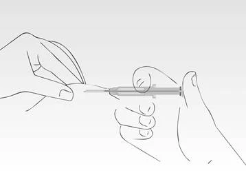 A hand holds a syringe while another hand removes the needle cap, preparing for injection