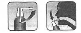 Two icons: first — a bottle with a nozzle being turned clockwise, second — a profile of a person inhaling from an inhaler through the mouth