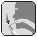 Perfil de una persona introduciendo un spray nasal en la fosa nasal, con una flecha que indica la dirección de la pulverización hacia arriba y hacia atrás