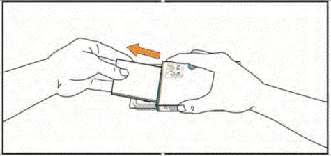 Two hands opening the medication packaging, one hand holding the box while the other pulls out the tablet blister pack, with an arrow indicating the direction of movement
