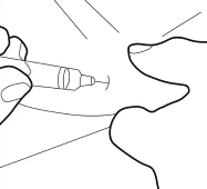 Una mano tiene una siringa ad un angolo di 45 gradi, inserendo l'ago nel tessuto muscolare del braccio, con linee visibili che indicano la direzione dell'inserimento e il contorno del corpo