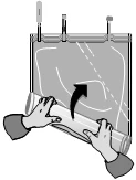 Gloved hands removing a medical material pouch, with an arrow indicating the direction of motion for opening the packaging