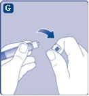 Hands unscrewing the cap from a small vial, preparing it for use, with an arrow indicating the direction of rotation
