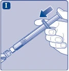 Hand holding a syringe, pressing the plunger downward to inject liquid, with an arrow indicating the direction of plunger movement
