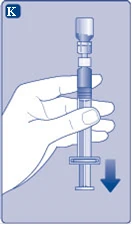 Hand holding a syringe vertically, pressing the plunger downward to administer solution, with an arrow indicating the direction of plunger movement