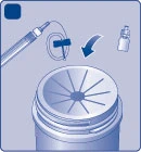 Syringe with needle inserted into the central part of a nebulizer vial, with a dropper bottle shown nearby and an arrow indicating the direction of action