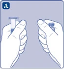 Left hand holding a syringe with needle, right hand holding a vial with solution, preparing to draw medication into the syringe for injection