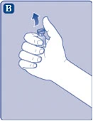 Hand holding a medication vial, fingers slightly pressing the cap that opens upward, with letter B in a square at the top left corner