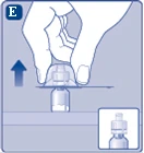 Hand holding a medication vial, upward-pointing indicator, with a miniature image showing a vial with cap and syringe for drug administration