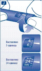 Рука держит шприц-ручку, на которой показано установление дозы 5 единиц и 24 единиц, с детальным увеличением шкалы дозирования