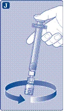 Hand holding the syringe vertically, performing a rotational movement around its base for preparation before injection