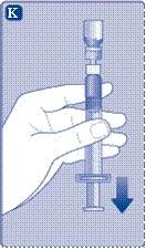 Hand holding the syringe vertically, needle pointing downward, arrow indicator shows direction of medication administration