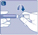Hands inserting the syringe into a vial of medication, symbol L marks the left hand, arrow indicates direction of rotation for securing