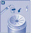 Syringe with needle being inserted through the rubber stopper of a medication vial, arrow indicates direction of movement, another vial with solvent placed nearby