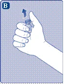 Hand holds the vial of medication, fingers turn the cap counterclockwise to open, with direction indicator on the vial
