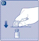 Hand pressing the syringe plunger, injecting liquid from the ampoule, arrow indicates downward movement