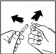 Two hands demonstrating the process of attaching a needle to a syringe: one hand holds the syringe, the other holds the needle, arrows indicating the direction of connection